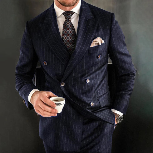 Stylish Double Breasted Peak Lapel Suit for Men - Chic 2 Piece Smart Casual Tuxedo Set with Slim Fit Design for Weddings and Business Events